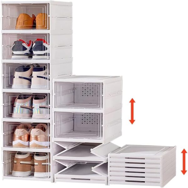 Organizador de Zapatos Plegables, 6 Niveles Caja Zapatos Plástico Plegable y Apilable, Zapatero con Solapa Transparente para Muchos Tipos de Zapatos, Zapatillas, Tacones, Botines