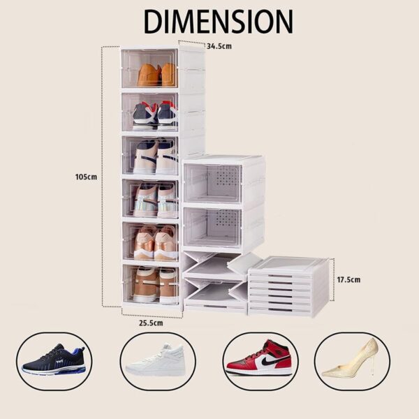 Organizador de Zapatos Plegables, 6 Niveles Caja Zapatos Plástico Plegable y Apilable, Zapatero con Solapa Transparente para Muchos Tipos de Zapatos, Zapatillas, Tacones, Botines - Imagen 2