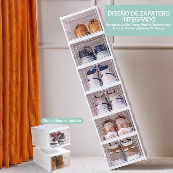 Organizador de Zapatos Plegables, 6 Niveles Caja Zapatos Plástico Plegable y Apilable, Zapatero con Solapa Transparente para Muchos Tipos de Zapatos, Zapatillas, Tacones, Botines - Imagen 3