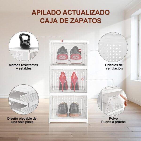 Organizador de Zapatos Plegables, 6 Niveles Caja Zapatos Plástico Plegable y Apilable, Zapatero con Solapa Transparente para Muchos Tipos de Zapatos, Zapatillas, Tacones, Botines - Imagen 5